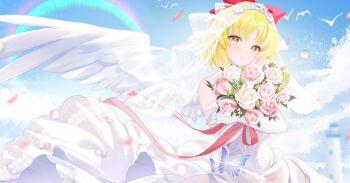 Rule 34 | 1girl, bird, blonde hair, blue butterfly, blurry, blurry background, bridal gauntlets, bridal veil, bug, butterfly, cloud, dove, dress, falling petals, feathered wings, flower, gengetsu (touhou), hair ornament, highres, insect, jewelry, lighthouse, lotus land story, paranoia495514, petals, pink flower, pink rose, red ribbon, ribbon, ring, rose, sky, smile, touhou, touhou (pc-98), veil, wedding dress, wedding ring, white flower, white rose, wings, yellow eyes