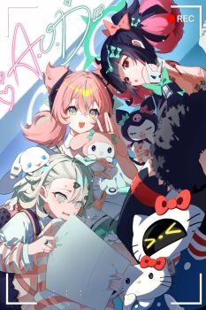 Rule 34 | @ @, angels of delusion, aqua hair, aria (zenless zone zero), arm warmers, black hair, black thighhighs, blue eyes, bow, cinnamoroll, commentary, detached sleeves, fuwa fuwa cinnamoroll, green bow, green eyes, green hair, hair between eyes, hello kitty, hello kitty (character), highres, jewelry, kuromi, leg warmers, long hair, long sleeves, multicolored hair, multiple rings, my melody, my melody (series), nangong yu, nara nakiri, open mouth, parted lips, pink hair, red eyes, ring, sanrio, short sleeves, sitting, smile, streaked hair, striped arm warmers, striped leg warmers, sunna (zenless zone zero), symbol-shaped pupils, tearing up, teeth, thighhighs, torn clothes, torn thighhighs, twintails, untranslatable commentary, upper teeth only, white thighhighs, zenless zone zero