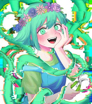 1boy absurdres antenna_hair basil_(headspace)_(omori) basil_(omori) blue_overalls blush commentary_request double-parted_bangs flower flower_wreath gardening_shears glitch green_eyes green_hair green_shirt hair_between_eyes head_wreath highres looking_at_viewer male_focus omori open_mouth overalls plant rami_1300 shirt short_sleeves solo sweat t-shirt teeth thorns tongue upper_body vines
