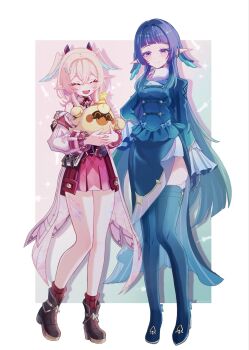 2girls ^_^ bare_shoulders blue_boots blue_dress blush boots breasts brown_shoes celaeno_(genshin_impact) closed_eyes closed_mouth commentary_request detached_sleeves dress full_body genshin_impact hair_between_eyes head_wings highres holding light_smile linnea_(genshin_impact) long_hair long_sleeves lumi_(genshin_impact) medium_breasts multiple_girls open_mouth pink_hair pointy_ears purple_eyes purple_hair red_dress shoes short_hair_with_long_locks siblings sisters sleeveless sleeveless_dress standing thigh_boots very_long_hair white_sleeves wings yumo_(gnsn1111)