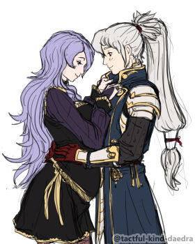 1boy 1girl alternate_costume camilla_(fire_emblem) chignon fire_emblem fire_emblem_fates hand_on_another&#039;s_chest hand_on_another&#039;s_waist husband_and_wife long_hair nintendo older_female_and_younger_male pregnant purple_eyes purple_hair simple_background tactful-kind-daedra takumi_(fire_emblem) wavy_hair