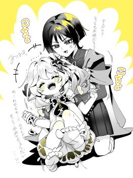 +++ 1boy 1girl absurdres anger_vein armlet behind_another bloomers blunt_ends blush bracelet bridal_gauntlets cape choppy_bangs closed_eyes covered_collarbone curled_fingers detached_sleeves dress furisode furrowed_brow genshin_impact greyscale hair_ornament hakama hakama_shorts hands_in_another's_armpits heart heart_hair_ornament highres japanese_clothes jewelry kimono kneeling laughing leaf leaf_hair_ornament long_hair looking_at_another mandarin_collar monochrome nahida_(genshin_impact) oishii_sasa open_mouth pleated_shorts pointy_ears ringed_eyes scaramouche_(genshin_impact) short_sleeves shorts shoulder_peek side_ponytail sidelocks socks spot_color stirrup_footwear tearing_up tears teeth tickling toenails toes tongue trembling tsurime twitching underwear upper_teeth_only vision_(genshin_impact) wanderer_(genshin_impact)