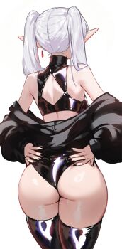 1girl absurdres ass ass_focus black_jacket black_nails black_panties black_shirt black_thighhighs breasts cowboy_shot crop_top earrings elf facing_away foolish_potato frieren from_behind grey_hair hands_on_own_hips hashtag-only_commentary highres jacket jewelry legs_together long_pointy_ears long_sleeves medium_breasts nail_polish off_shoulder panties pointy_ears puffy_long_sleeves puffy_sleeves shiny_clothes shirt simple_background solo sousou_no_frieren standing teardrop_earrings thighhighs twintails underwear very_long_fingernails white_background