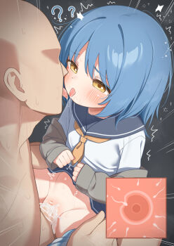 1boy 1girl ? bar_censor blue_hair blush censored commentary_request commission cum cum_in_pussy cum_overflow ejaculation faceless faceless_male fertilization french_kiss hetero highres impregnation kiss loli matanukinuki original ovum panties penis school_uniform sex skeb_commission skirt sperm_cell tongue tongue_out underwear vaginal yellow_eyes