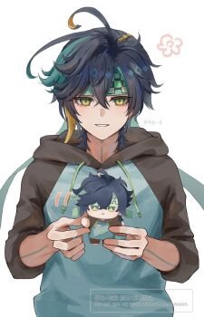 Rule 34 | 1boy, black hair, black hoodie, blonde hair, character doll, doll, genshin impact, green eyes, green hair, green headband, hair between eyes, headband, highres, holding, holding doll, hood, hoodie, kinich (genshin impact), male focus, multicolored hair, short hair, skg g, smile, solo, streaked hair, white background