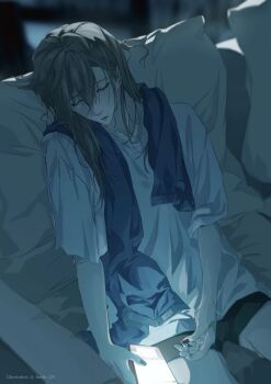 1boy alternate_costume black_shorts brown_hair cellphone closed_eyes commentary couch hair_between_eyes highres holding holding_phone hoshi_129 kanae_(nijisanji) long_hair mole mole_under_eye nijisanji on_couch parted_lips phone pillow shirt short_sleeves shorts sitting sleeping solo towel towel_around_neck virtual_youtuber white_shirt