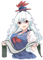 Rule 34 | 1girl, blue dress, blue hat, breasts, cleavage, collarbone, collared dress, commentary request, deetamu, dress, hair between eyes, hat, highres, holding, holding scroll, kamishirasawa keine, large breasts, long hair, looking at viewer, neckerchief, open mouth, puffy short sleeves, puffy sleeves, red eyes, red neckerchief, scroll, shirt, short sleeves, simple background, smile, solo, touhou, translation request, upper body, white background, white hair, white shirt