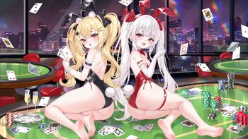 2girls :3 absurdres ace_(playing_card) ace_of_diamonds ace_of_hearts ace_of_spades ahoge animal_ears arm_garter ass backless_leotard bare_legs barefoot black_bow black_leotard blonde_hair blush bow bowtie breasts card casino casino_card_table chair champagne_flute chinese_commentary commentary_request cross_hair_ornament cup detached_collar diamond_(shape) dice dot_nose drinking_glass elbow_gloves fake_animal_ears fake_tail feet floating_card furrowed_brow gloves hair_between_eyes hair_bow hair_ornament hairclip heart heart_o-ring highleg highleg_leotard highres holding holding_card indoors jack_(playing_card) king_(playing_card) leotard long_hair looking_at_viewer medium_breasts mikawa_sansen multiple_girls night o-ring o-ring_thigh_strap on_table open_mouth original paw_pose pink_eyes playboy_bunny playing_card poker_chip poker_table queen_(playing_card) rabbit_ears rabbit_tail red_bow red_bowtie red_leotard side-tie_leotard sitting smile soles spade_(shape) table tail thigh_strap toes tray twintails very_long_hair white_gloves white_hair white_wrist_cuffs wrist_cuffs yokozuwari