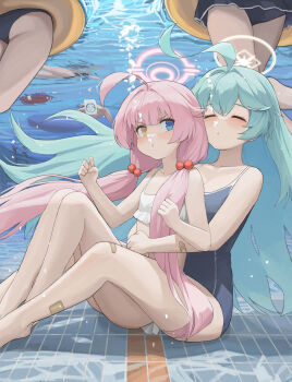 1boy 4girls absurdres age_difference ahoge aqua_hair bikini black_one-piece_swimsuit blue_archive blue_eyes closed_mouth commentary_request dolri doodle_sensei_(blue_archive) hair_bobbles hair_ornament halo heterochromia highres hoshino_(blue_archive) hoshino_(swimsuit)_(blue_archive) loli long_hair low_twintails multiple_girls official_alternate_costume one-piece_swimsuit onee-loli pink_halo school_swimsuit sensei_(blue_archive) sitting swimsuit twintails underwater very_long_hair white_bikini yellow_eyes yellow_halo yume_(blue_archive)