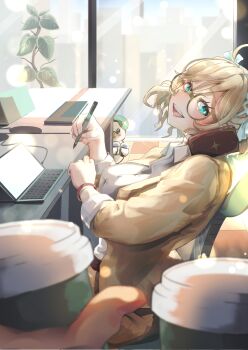 Rule 34 | 1girl, :d, absurdres, ahoge, aia amare, aiadmirer (aia amare), aqua eyes, blonde hair, blurry, blush, bokeh, breasts, cellphone, chair, commentary, cup, depth of field, desk, disposable coffee cup, disposable cup, english commentary, from side, glasses, glint, head tilt, highres, hirago, holding, holding cup, holding stylus, large breasts, looking at viewer, medium hair, nijisanji, nijisanji en, nose blush, office lady, on chair, open mouth, phone, pov, smartphone, smile, stylus, swivel chair, virtual youtuber, watch, wristwatch