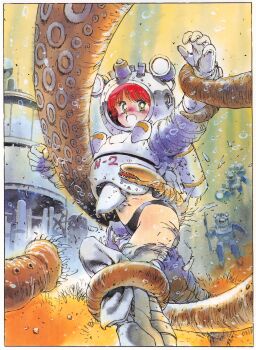 1990s_(style) 1girl black_panties blush border diving_helmet diving_suit dragon_magazine gloves green_eyes helmet highres navel non-web_source open_mouth panties red_hair restrained retro_artstyle solo suction_cups tentacles torn_clothes tsuzuki_kazuhiko underwater underwear white_border