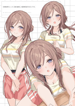 1girl blue_eyes blush breasts brown_hair cleavage collarbone commentary_request gakuen_idolmaster highres himesaki_rinami idolmaster kuramoto_beta-carotene long_hair looking_at_viewer medium_breasts multiple_views odaibako pink_shorts request_inset shirt short_sleeves shorts smile striped_clothes striped_shirt sweat yellow_shirt