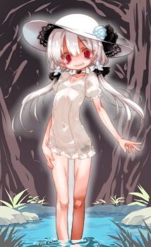 1girl aged_down bags_under_eyes bikini bikini_under_clothes breasts cameltoe choker covered_navel dress flower grin hand_on_own_thigh hasshaku-sama hat hat_flower highres kuromaru-4321 loli low_twintails micro_bikini original pointy_ears pond puffy_short_sleeves puffy_sleeves red_eyes see-through_clothes sharp_teeth short_dress short_sleeves skinny small_breasts smile swimsuit teeth twintails wading water white_dress white_hair white_hat