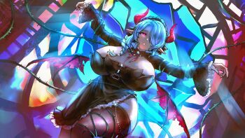 1girl absurdres black_dress braid breasts cleavage dress hair_over_one_eye hair_tubes highres horns huge_breasts indie_virtual_youtuber miilkywayz minster_(dooke) mole mole_on_breast mole_under_mouth pink_eyes pink_horns pink_wings plant pointy_ears restrained single_hair_tube solo stained_glass thighhighs thorns torn_wings vines virtual_youtuber wings