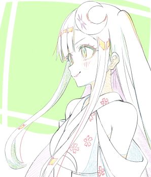 Rule 34 | 1girl, blunt bangs, cho kaguya-hime!, color trace, crescent, crescent hair ornament, dededecopon, green background, hair ornament, highres, japanese clothes, kaguya (cho kaguya-hime!), kimono, long hair, looking to the side, smile, solo, upper body