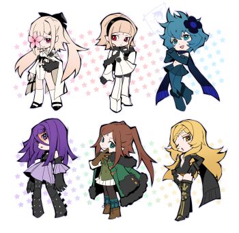 6+girls black_bow black_hairband blonde_hair blue_hair boots bow breasts brown_hair chibi child&#039;s_drawing coat drag-on_dragoon drag-on_dragoon_3 dress five_(drag-on_dragoon) flower flower_over_eye four_(drag-on_dragoon) fur_trim gloves hair_bow hairband hand_on_own_hip highres long_hair medium_breasts mole mole_under_eye multiple_girls neekosiah one_(drag-on_dragoon) one_eye_closed open_mouth own_hands_together panty_&amp;_stocking_with_garterbelt parody parted_lips pink_flower purple_eyes purple_hair red_eyes scarf short_hair skirt small_breasts standing style_parody three_(drag-on_dragoon) two_(drag-on_dragoon) yellow_eyes zero_(drag-on_dragoon)