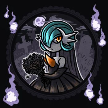 animated animated_gif black_dress black_gloves blinking blue_hair bob_cut bouquet bug colored_skin dress elbow_gloves flower full_moon gardevoir gen_3_pokemon gloves graveyard halloween looping_animation lowres mega_gardevoir mega_pokemon moon nintendo orange_eyes pokemon pokemon_(creature) spider tart-miano tombstone veil white_skin will-o&#039;-the-wisp_(mythology)