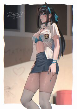 1girl absurdres aqqila_(zaenathi) aqua_bra aqua_eyes aqua_nails aqua_ribbon black_collar black_hair blunt_bangs blurry blurry_background bra breast_pocket breasts cleavage collar collarbone commentary dated english_commentary engrish_commentary fingernails grey_skirt grin gyaru hair_intakes hair_ribbon half_updo heart_collar highres indonesian_high_school_uniform jewelry long_fingernails long_hair medium_breasts midriff miniskirt multiple_wristbands navel necklace original outdoors over-kneehighs partially_unbuttoned pocket ribbon school_uniform see-through_clothes see-through_shirt shirt short_sleeves sidelocks signature skindentation skirt smile socks solo standing thighhighs underwear white_shirt white_socks zaenathi