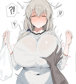 1boy ? absurdres alternate_breast_size_(larger) bag blush breasts citizen_k_(pngj5475) closed_eyes curvy disembodied_hand flustered grabbing_another's_breast grey_hair groping hair_between_eyes heart highres holding holding_bag huge_breasts large_breasts long_hair long_sleeves navel paid_reward_available parted_lips plastic_bag plump shirt smile solo_focus spoken_question_mark sweat uzaki-chan_wa_asobitai! uzaki_tsuki white_background white_shirt