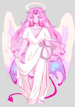 Rule 34 | 1girl, ancient greek clothes, angel wings, barefoot, blush, braid, breasts, chiton, circlet, cleavage, closed mouth, clothes lift, collarbone, colored skin, commentary, cookie run, cookie run: kingdom, demon tail, dress, dress lift, drill hair, english commentary, eternal sugar cookie, eyelashes, full body, gem, greco-roman clothes, grey background, halo, heart-shaped gem, highres, holding, holding instrument, holding lyre, humanization, instrument, long hair, looking at viewer, lyre, medium breasts, nail polish, pink eyes, pink gem, pink hair, pink halo, pink nails, pink skin, pointy ears, short sleeves, simple background, smile, solo, standing, tail, twin braids, uoopwoop, white dress, white eyeshadow, wings