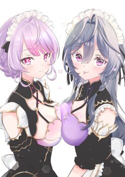 2girls :p ahoge apron black_bow black_corset black_dress bow bra braid braided_sidelocks breast_press breasts chinese_clothes cleavage cleavage_cutout clothing_cutout colored_bangs corset criss-cross_straps detached_sleeves dress framed_breasts framed_cleavage frills gradient_eyes grey_hair heart highres kisara_(maid)_(nijisanji) kisara_(nijisanji) kozue_mone kozue_mone_(maid) ku_ka_00 large_breasts light_blush looking_at_viewer maid maid_headdress multicolored_eyes multiple_girls nape_braid nijisanji parted_bangs pink_eyes puritan_collar purple_bra purple_hair qi_maid ribbon skirt smile symmetrical_docking taut_clothes taut_skirt tongue tongue_out underwear upper_body virtual_youtuber waist_apron white_apron white_background