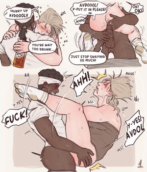 2boys anal ass bacchyarts blush dark-skinned_male dark_skin drunk english_text highres interracial jean_pierre_polnareff jojo_no_kimyou_na_bouken male_focus male_penetrated mohammed_avdol multiple_boys penis sex speech_bubble stardust_crusaders suspended_congress testicles yaoi