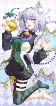 1girl absurdres animal_ear_fluff animal_ears asymmetrical_legwear barefoot black_necktie breasts cat_ears cat_girl checkered_background checkered_thighhighs club_(shape) covered_navel duel_monster feet green_thighhighs happy05x highres legs maliss_&lt;p&gt;_chessy_cat medium_breasts medium_hair necktie open_mouth purple_eyes purple_hair purple_nails shirt single_thighhigh sleeveless sleeveless_shirt soles solo tail thigh_strap thighhighs usb_cable usb_tail yu-gi-oh!