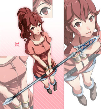 1girl absurdres anna_(fire_emblem) bare_arms bare_legs boots bracelet breasts commentary english_commentary eudetenis fire_emblem fire_emblem_awakening from_above hair_between_eyes highres holding holding_polearm holding_weapon jewelry lance looking_at_viewer looking_up medium_breasts nintendo non-web_source open_mouth polearm ponytail red_eyes red_hair short_shorts short_sleeves shorts sidelocks spear v_arms weapon wide_hips