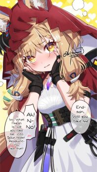 1girl animal_ear_fluff animal_ears arknights arknights:_endfield black_gloves blonde_hair blush breasts cloak commentary_request cowboy_shot dress dutch_angle fingerless_gloves gloves hands_on_own_cheeks hands_on_own_face highres hood hood_up hooded_cloak jewelry kitahara_tomoe_(kitahara_koubou) long_hair looking_at_viewer low-tied_sidelocks necklace open_mouth red_cloak rossi_(arknights) sidelocks small_breasts solo tail tooth_necklace twitter_username white_dress wolf_girl wolf_tail yellow_background yellow_eyes