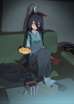 1girl ahoge animal_ears black_hair dev_grater ear_ornament ear_tag earrings hair_between_eyes highres horse_ears horse_girl horse_tail jewelry long_bangs long_hair long_hair_between_eyes long_sleeves looking_at_viewer manhattan_cafe_(umamusume) multicolored_hair shirt single_earring skirt solo tail umamusume umamusume:_beginning_of_a_new_era very_long_hair white_hair yellow_eyes