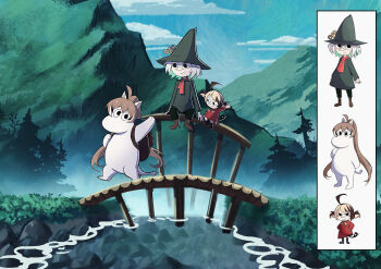 3girls absurdres ahoge backpack bag black_pants bridge brown_hair cd_usr cecilia_immergreen colored_inner_hair commentary cosplay dress english_commentary forest full_body gigi_murin grass green_hair green_hat green_shirt hat high_ponytail highres hololive hololive_english huge_ahoge little_my little_my_(cosplay) moomin moomintroll moomintroll_(cosplay) mountain multicolored_hair multiple_girls nanashi_mumei nature outdoors pants pointy_nose ponytail red_dress red_scarf river scarf shirt sitting smile snufkin snufkin_(cosplay) streaked_hair tree v-shaped_eyebrows virtual_youtuber waving white_hair winding_key