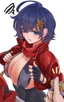 2days_wotori alternate_breast_size_(larger) alternate_costume belle_(zenless_zone_zero) billy_kid billy_kid_(starlight) black_gloves blue_hair breasts covered_navel fingerless_gloves gloves green_eyes hair_ornament highres jacket open_mouth red_jacket short_hair simple_background white_background zenless_zone_zero
