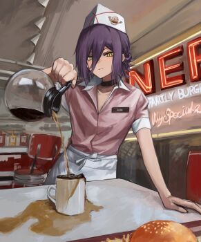 1girl apron black_choker burger chainsaw_man choker coffee_pot cup deyo_(nicijyou) diner family_burger_(chainsaw_man) family_burger_mascot_(chainsaw_man) food hair_between_eyes hair_bun hand_on_table highres looking_at_viewer medium_hair mug name_tag overflowing pink_shirt pouring purple_hair restaurant reze_(chainsaw_man) shirt single_hair_bun solo v-neck waist_apron yellow_eyes