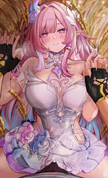 1girl absurdres arm_garter bare_shoulders black_gloves blue_hair blush breasts breath bulge caelus_(honkai:_star_rail) cleavage commentary_request cyrene_(honkai:_star_rail) cyrene_(ripples_of_past_reverie)_(honkai:_star_rail) diamond-shaped_pupils diamond_(shape) dress efuri_(riarea00) erection erection_under_clothes fingerless_gloves flower from_above gloves gradient_hair hair_flower hair_intakes hair_ornament highres honkai:_star_rail honkai_(series) large_breasts long_hair looking_at_viewer lying multicolored_hair on_back paid_reward_available palms_together parted_lips partial_commentary pink_hair pointy_ears pov purple_eyes purple_flower sidelocks smile spread_legs symbol-shaped_pupils thighs trailblazer_(honkai:_star_rail) very_long_hair wheat white_dress