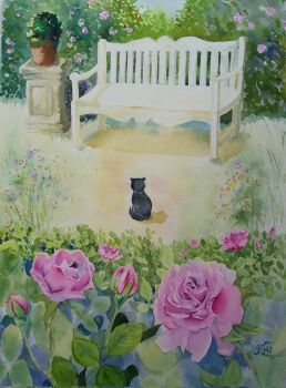 bench cat flower highres monsisiro411823 no_humans original outdoors park path pink_flower pink_rose plant potted_plant road rose rose_bush