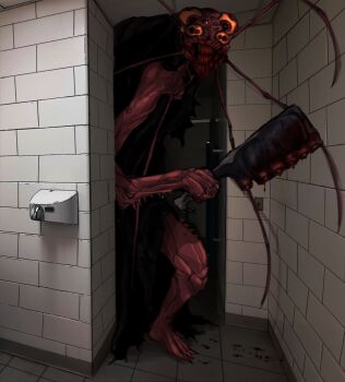 bathroom bug chitin cleaver cockroach commentary curse cursed_spirit_(jujutsu_kaisen) extra_eyes festering_life_sword highres holding holding_cleaver horror_(theme) insect jujutsu_kaisen kurourushi_(jujutsu_kaisen) oligogi_meoggosipda red_eyes weapon