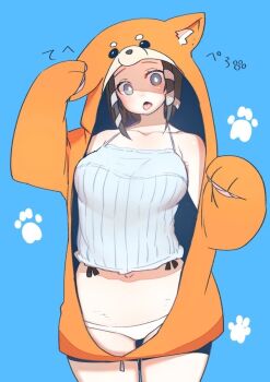 1girl animal_costume animal_ears animal_hood arrow arrow_(en'en_no_shouboutai) breasts en'en_no_shouboutai hood japanese_clothes large_breasts panties shimobaru short_hair solo tagme tehepero tongue tongue_out underwear