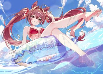1girl animal_ears bare_shoulders bikini bin_ze_u blue_sky blush breasts brown_hair cleavage closed_mouth cloud commentary_request daiwa_scarlet_(mini_vacation)_(umamusume) daiwa_scarlet_(umamusume) frilled_bikini frills front-tie_bikini_top front-tie_top hair_intakes highres horse_ears horse_girl horse_tail innertube korean_commentary large_breasts long_hair looking_at_viewer official_alternate_costume outdoors red_bikini red_eyes sky smile solo swim_ring swimsuit tail twintails umamusume very_long_hair water