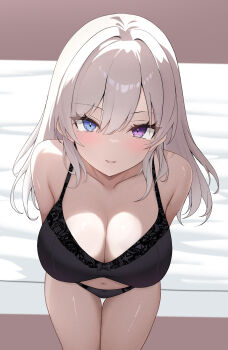1girl :d absurdres black_bra black_panties blue_eyes blush bra breasts cleavage commentary_request eikawa_suru grey_hair grin hair_intakes heterochromia highres leaning_forward lingerie long_hair looking_at_viewer navel open_mouth original panties purple_eyes shiny_skin smile solo sweat underwear underwear_only