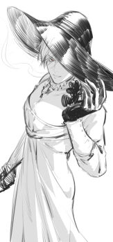 1boy absurdres alcina_dimitrescu alcina_dimitrescu_(cosplay) cosplay crossdressing crossdressing_(mtf) hand_up hat highres ibex jewelry leon_s._kennedy necklace pectorals red_eyes resident_evil resident_evil_village simple_background sketch solo spot_color white_background