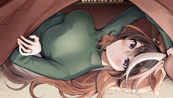 1boy 1girl animal_ears black_hair blush closed_mouth commentary_request earrings green_sweater highres horse_ears horse_girl horse_tail hug jewelry kotatsu lifting_covers long_sleeves looking_at_viewer multicolored_hair narusawa_(njzc2582) purple_eyes ring single_earring smile solo speech_bubble streaked_hair sweater symboli_rudolf_(umamusume) table tail trainer_(umamusume) turtleneck turtleneck_sweater umamusume under_covers under_kotatsu under_table wedding_ring