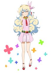 Rule 34 | 1girl, armlet, arms behind back, bare shoulders, blonde hair, blue hair, closed eyes, closed mouth, commentary request, dress, facing viewer, full body, hair between eyes, hair ribbon, long hair, multicolored hair, nia teppelin, pink dress, red footwear, ribbon, shizupu, sleeveless, sleeveless dress, smile, tengen toppa gurren lagann, two-tone hair