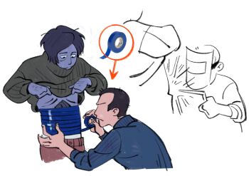 2boys black_eyes black_hair blue_skin blue_sweater coat_guy_(no_i&#039;m_not_a_human) colored_skin duct_tape green_sweater highres hole_in_stomach kandelyabr55 male_focus multiple_boys no_i&#039;m_not_a_human parody protagonist_(no_i&#039;m_not_a_human) real_life_insert short_hair sketch sweater turtleneck turtleneck_sweater welding welding_goggles welding_mask welding_torch white_background