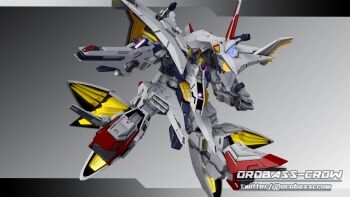 3d absurdres beam_rifle commentary_request earth_federation energy_gun flying gradient_background gundam gundam_hathaway's_flash highres inviter_oro machinery mecha mecha_focus missile_pod mobile_suit no_humans penelope_(hathaway's_flash) robot roundel shield signature solo thrusters v-fin weapon