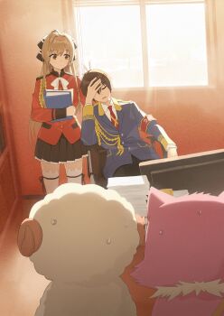 1boy 1girl absurdres amagi_brilliant_park anger_vein annoyed blue_jacket book brown_eyes brown_hair commentary hand_on_own_head highres holding holding_book jacket kanie_seiya looking_at_another macaron_(amaburi) monitor necktie nervous_sweating overexposure paper_stack pleated_skirt red_jacket red_necktie ribbon sento_isuzu shirt skirt sweat sweatdrop symbol-only_commentary thighhighs tiramii white_ribbon white_shirt white_thighhighs yioukei zettai_ryouiki