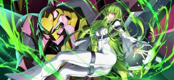 1girl arms_up blurry breasts c.c. code_geass code_geass:_lost_stories collarbone f4samurai full_body game_cg green_hair highres jacket knightmare_frame lancelot_(code_geass) lancelot_frontier long_hair long_sleeves looking_at_viewer mecha medium_breasts official_art parted_lips reaching reaching_towards_viewer robot shoes sidelocks solo teeth very_long_hair white_jacket white_shoes wide_sleeves yellow_eyes