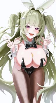 1girl absurdres animal_ears black_bow black_bowtie black_leotard bow bowtie breasts detached_collar fake_animal_ears gang_ryeol goddess_of_victory:_nikke green_hair highres large_breasts leotard long_hair looking_at_viewer open_mouth pantyhose playboy_bunny purple_eyes rabbit_ears smile soda_(nikke) soda_(twinkling_bunny)_(nikke) solo very_long_hair wrist_cuffs