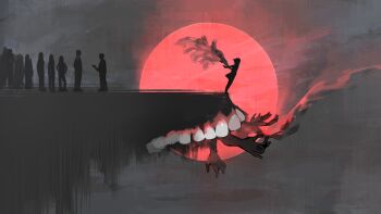 1girl 6+others angela_he cliff faceless falling from_side full_body hand_wings highres imminent_suicide limited_palette moon multiple_others non-web_source official_art outstretched_arms outstretched_hand people realistic_teeth red_moon silhouette skirt standing surreal teeth too_many_hands wings you_left_me