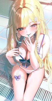 1girl aizawa_ema bikini blonde_hair blue_bow blue_eyes blue_nails blush bow bow_bikini breasts cleavage commentary fingernails frilled_straps hair_flaps hair_intakes hashtag-only_commentary highres jakusha_shiro large_breasts long_hair looking_at_viewer lower_teeth_only nail_polish open_mouth parted_bangs poolside sitting skindentation smile solo swimsuit teeth thighs tile_floor tiles virtual_youtuber vspo! white_bikini