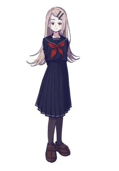 1girl arms_behind_back black_pantyhose black_sailor_collar black_serafuku black_shirt black_skirt blonde_hair blush brown_shoes closed_mouth colored_eyelashes commentary_request earrings flipped_hair full_body gakuen_idolmaster highres idolmaster jewelry loafers long_hair looking_at_viewer neckerchief orange_eyes pantyhose pleated_skirt red_neckerchief sailor_collar school_uniform serafuku shinosawa_hiro shirt shoes simple_background skirt smile solo standing stud_earrings swept_bangs white_background yasuzero